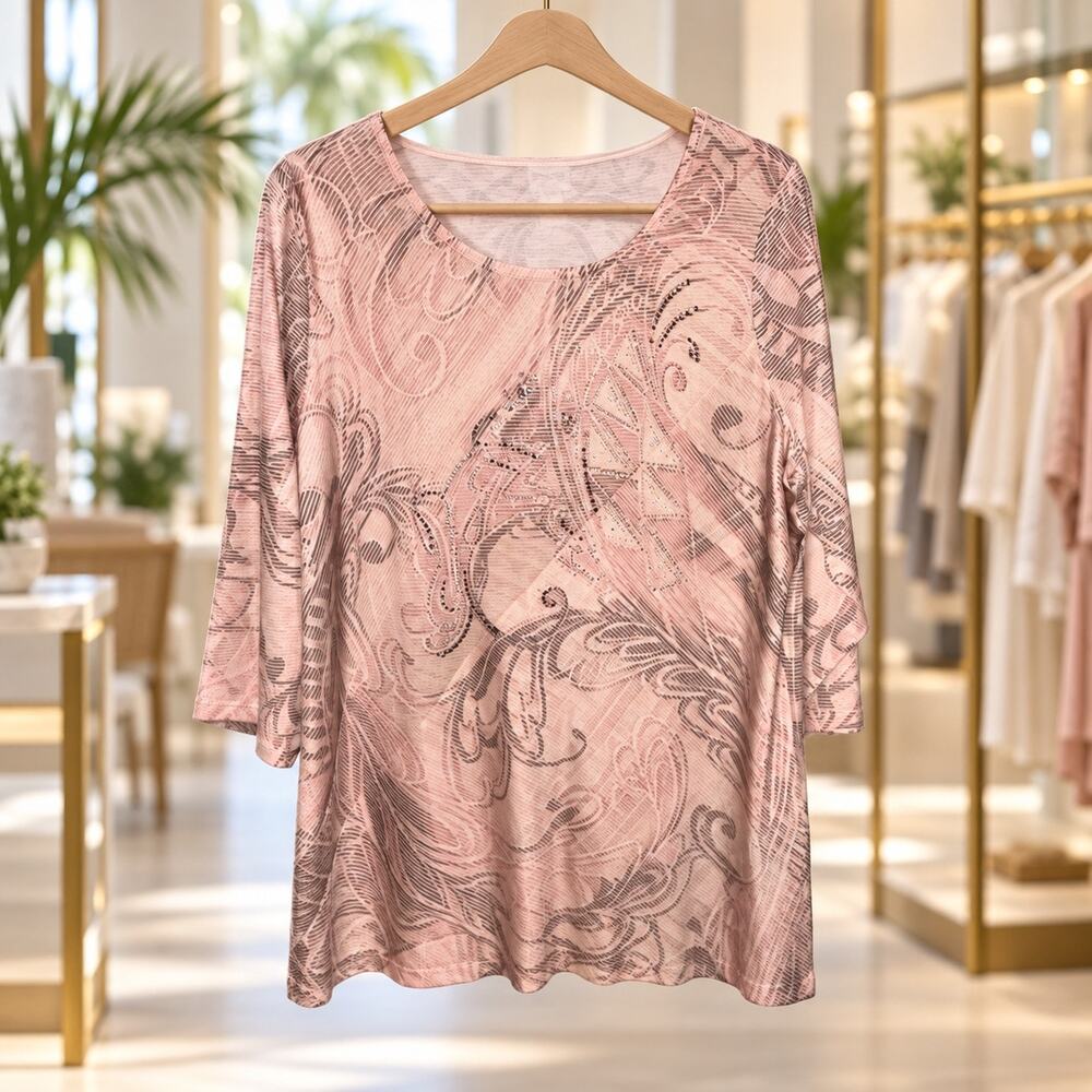 Chico’s Linear Scrolls Sierra Spliced Top 2 Large New Khaki Embellished NWT Chic